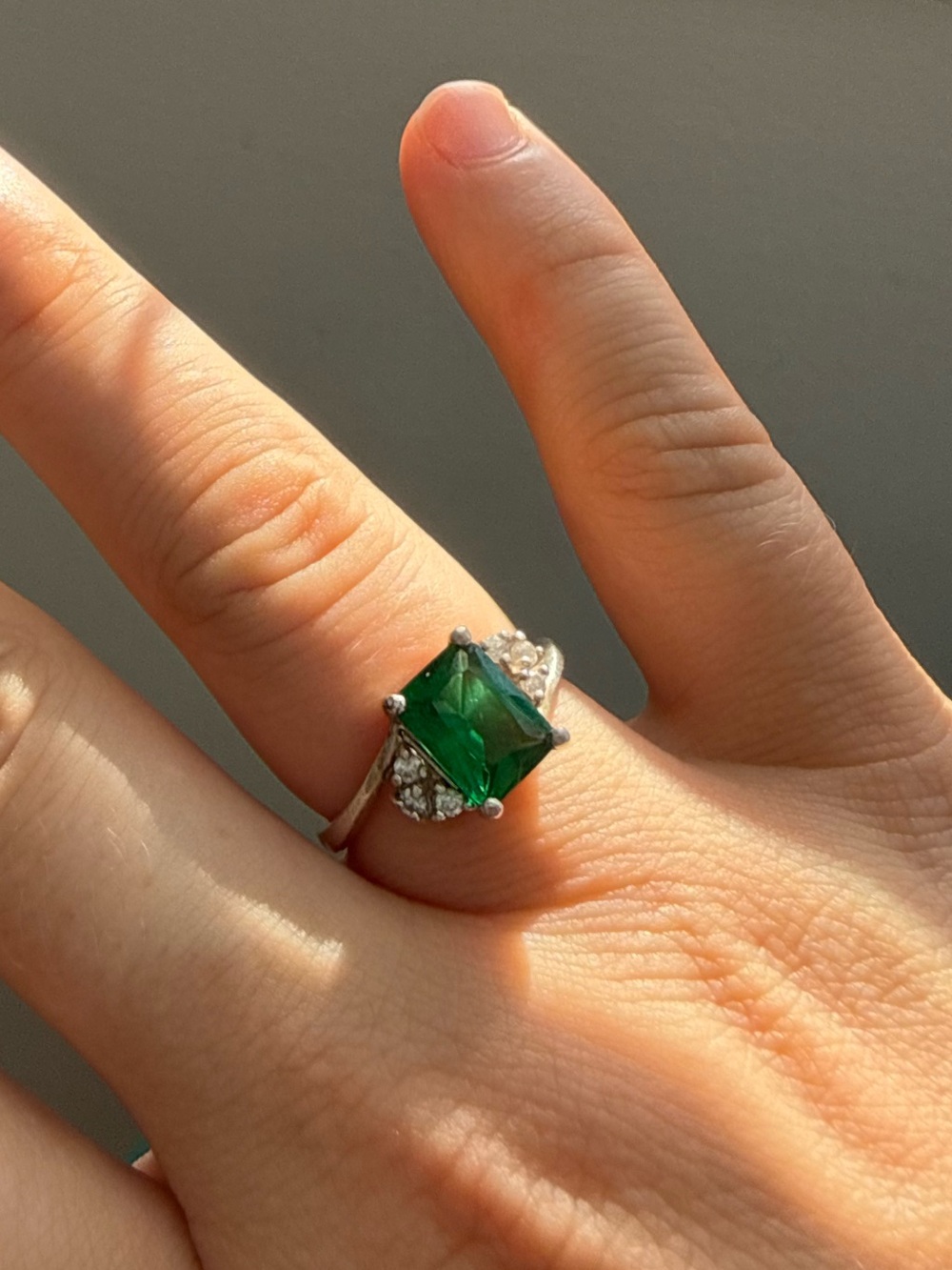 Emerald-Cut Green Stone Silver Ring - Women Jewelry